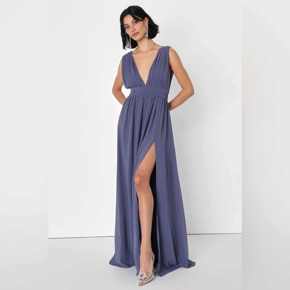 LULUS Heavenly Hues Denim Blue Maxi dress size L Wedding Cocktail Bridesmaid